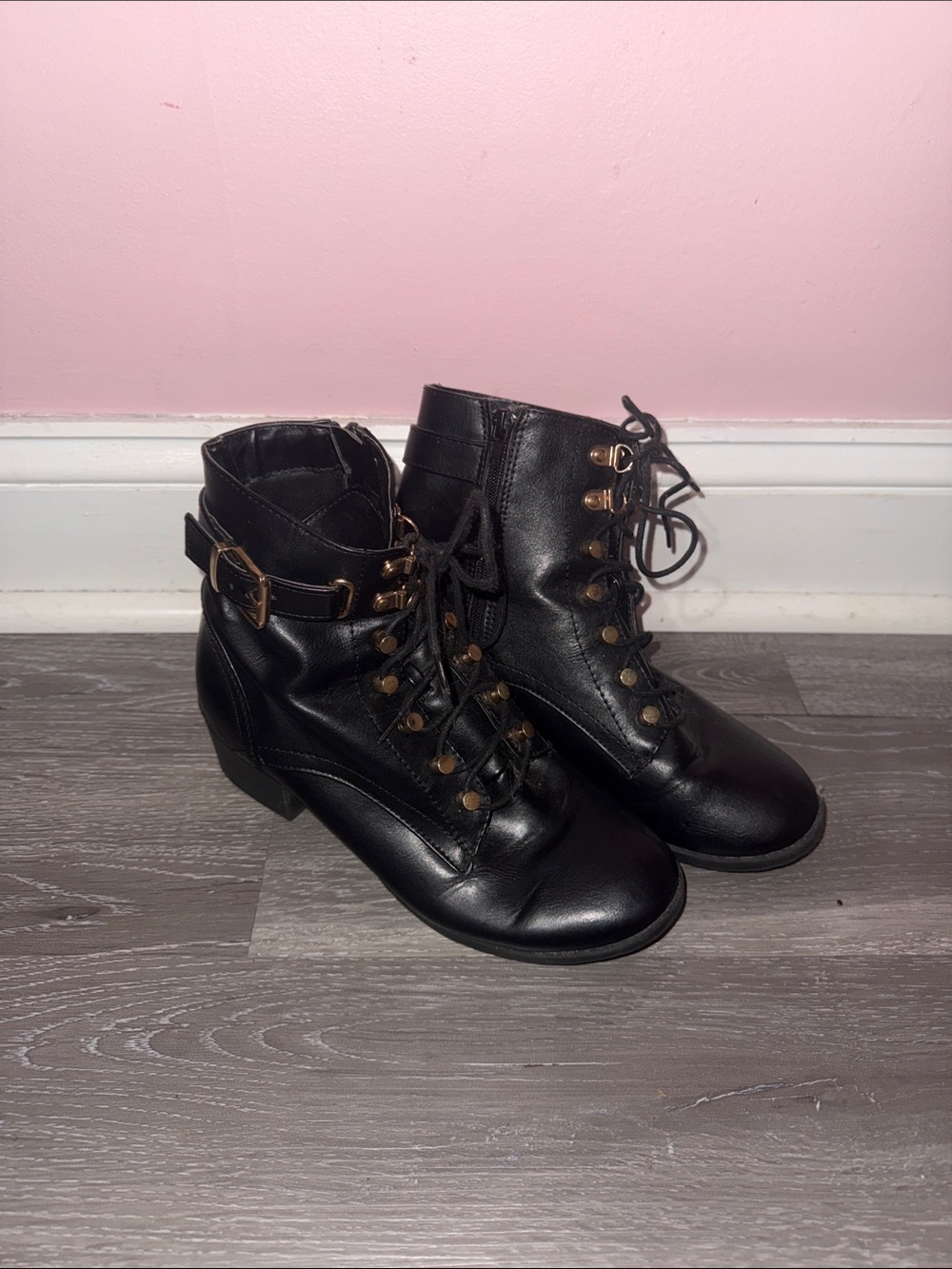 Black Lace-Up Ankle Boots with Buckle Detail - Women's